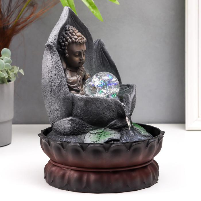Фонтан настольный от сети, подсветка Фонтан настольный от сети, подсветка "Маленький будда в лотосе" серый мрамор 30х20,5х20,5 см