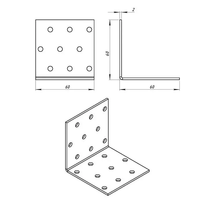 Уголок крепёжный 60 х 60 х 60 х 2 мм, оцинкованный
