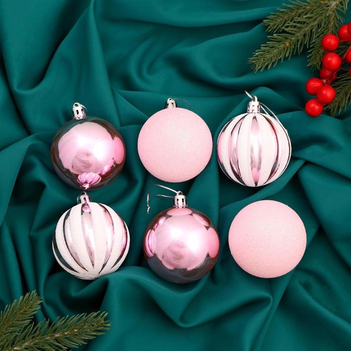 Набор шаров пластик d-6 см, 6 шт "Глэдис полосы" бело-розовый