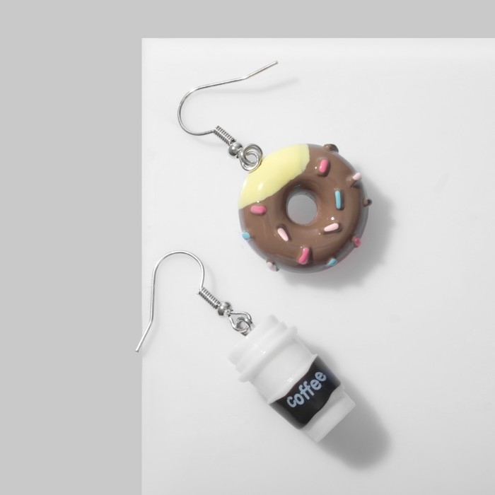Серьги пластик &laquo;Кофе с пончиком&raquo;, цветные в серебре