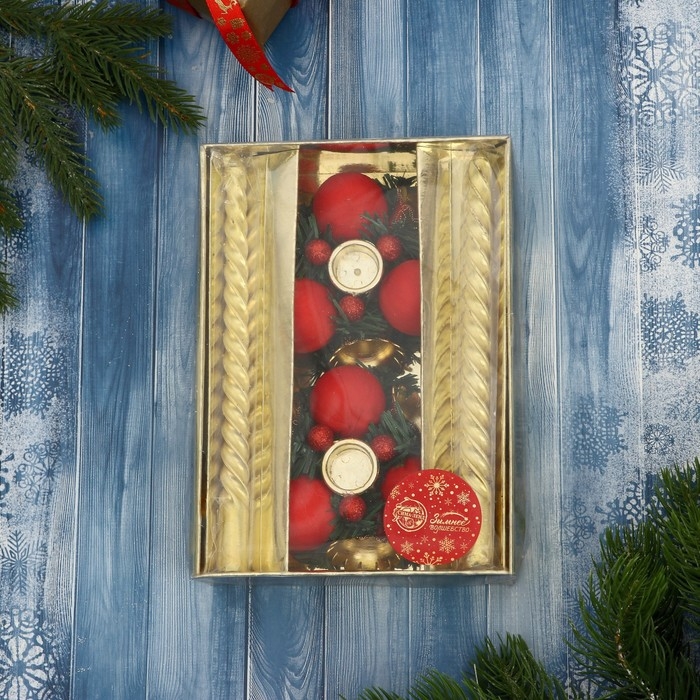 Свеча новогодняя с подсвечником Свеча новогодняя с подсвечником "Шарик, бусина" (набор 2 шт) 14,5х20 см, красно-золотой