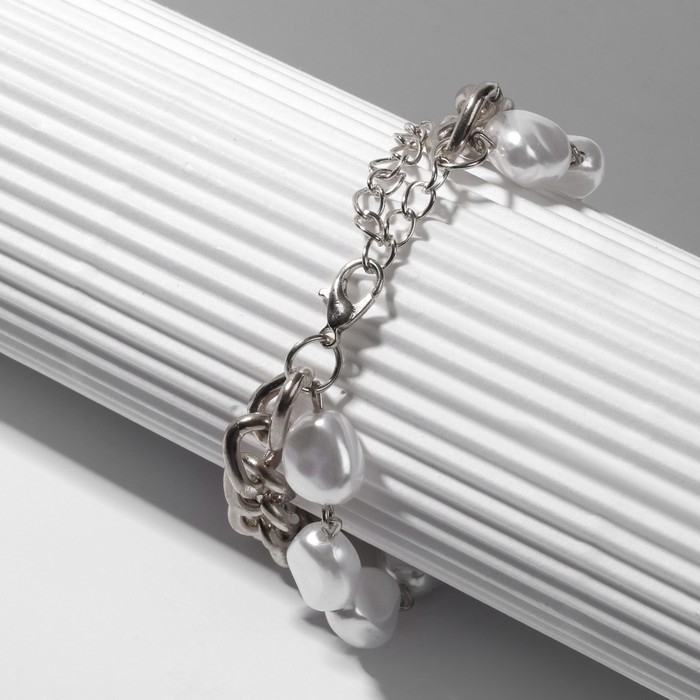 Браслет жемчуг &laquo;Цепь&raquo;, цвет белый в серебре, L=16 см
