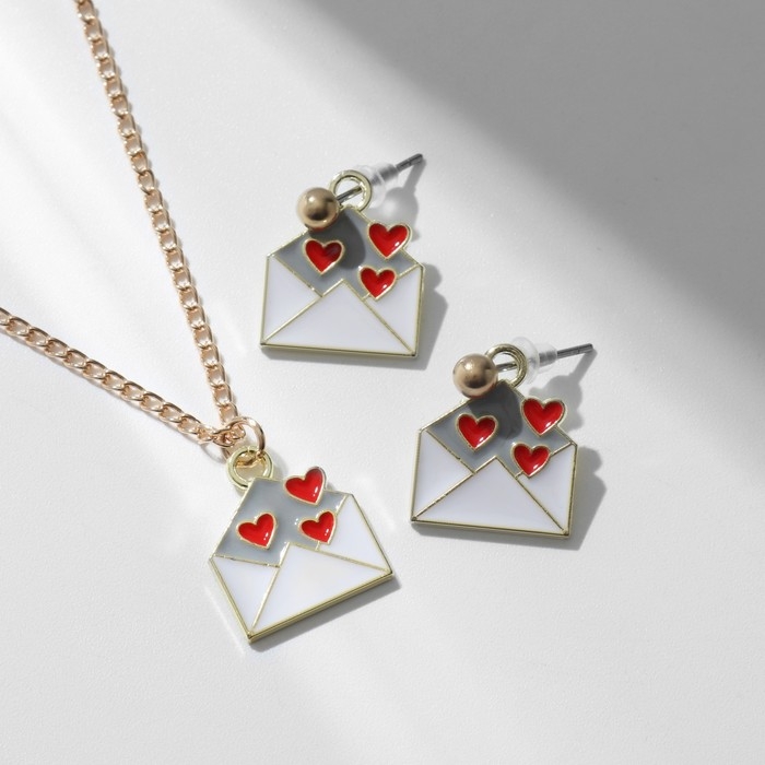 Гарнитура 2 предмета: серьги, кулон &laquo;Сердце&raquo; послание, цвет красно-белый в золоте, 42 см