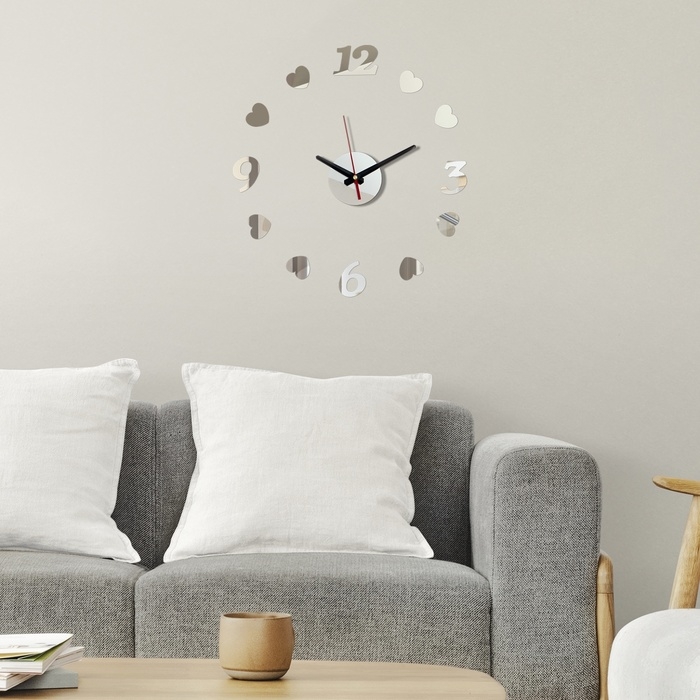 Часы настенные интерьерные, 3d "Сердечки", бесшумные, наклейка, большие, d-40 см