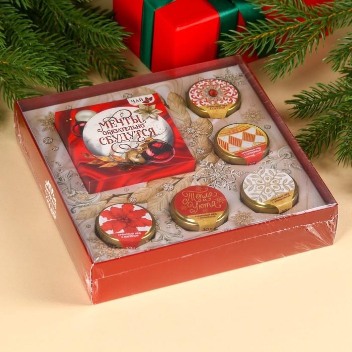 Подарочный набор &laquo;Мечты сбудутся&raquo;: чай чёрный со вкусом: зимняя вишня 50 г., крем-мёд: с малиной, с апельсином, с клубникой, с мелиссой, 150 г (5 шт. x 30 г).