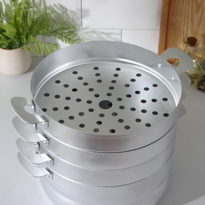 Манты-казан алюминиевый, 6 л, с 3 сетками, d=22 см, высота секции 5 см, металлическая крышка