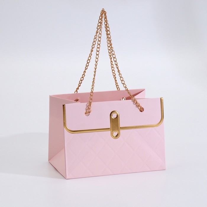 Пакет для цветов, ручка цепь, Пакет для цветов, ручка цепь, "Розовый", с золотым тиснением, 15 х 10,5 х 10 см