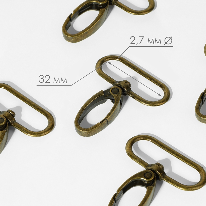 Карабин металлический, 45 &times; 38 мм / 32 &times; 2,7 мм, 10 шт, цвет бронзовый