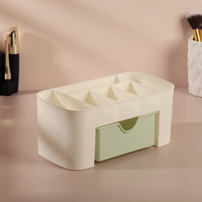 Органайзер для хранения, 6 секций, с ящиком, 21 × 10,5 × 9 см, цвет бежевый/зелёный Органайзер для хранения, 6 секций, с ящиком, 21 × 10,5 × 9 см, цвет бежевый/зелёный