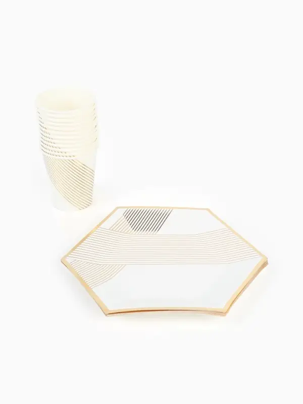 Набор посуды для праздника на 12 персон, белый с золотом (тарелки 23 см, стакан 250 мл)