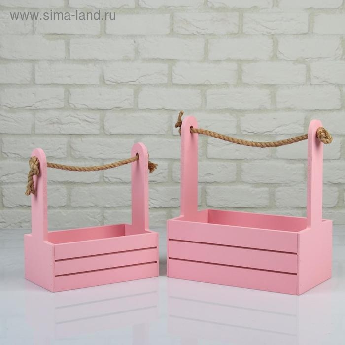 Набор кашпо деревянных 2 в 1 (25&times;15&times;30; 21&times;12&times;23 см) "Dear", ручка канат, розовый