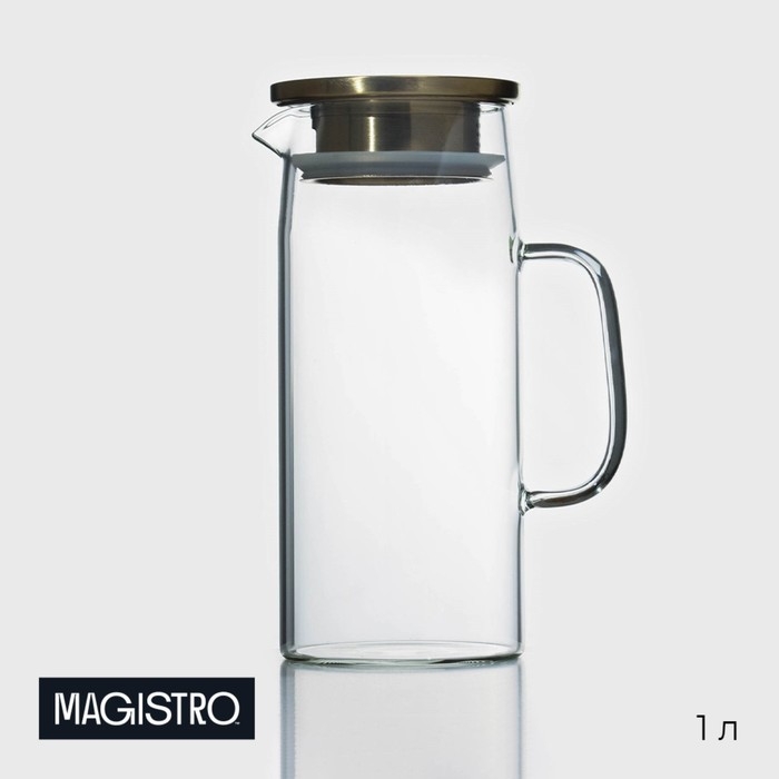 Кувшин для воды Magistro &laquo;Богема&raquo;, 1 л, 13&times;9&times;23 см, с металлической крышкой, стекло, прозрачный, золотой