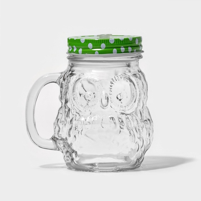 Кружка стеклянная с крышкой и трубочкой &laquo;Сова&raquo;, 470 мл, 10&times;11,5&times;12,5 см, цвет МИКС