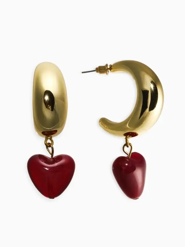 Серьги "Новый стиль", сердечки, цвет бордовый в золоте d3см