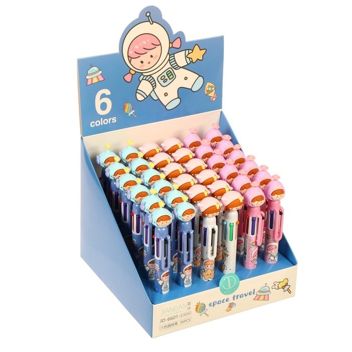 Ручка шариковая 6-цветная "Космонавт", 0,5мм, штрихкод на штуке, микс