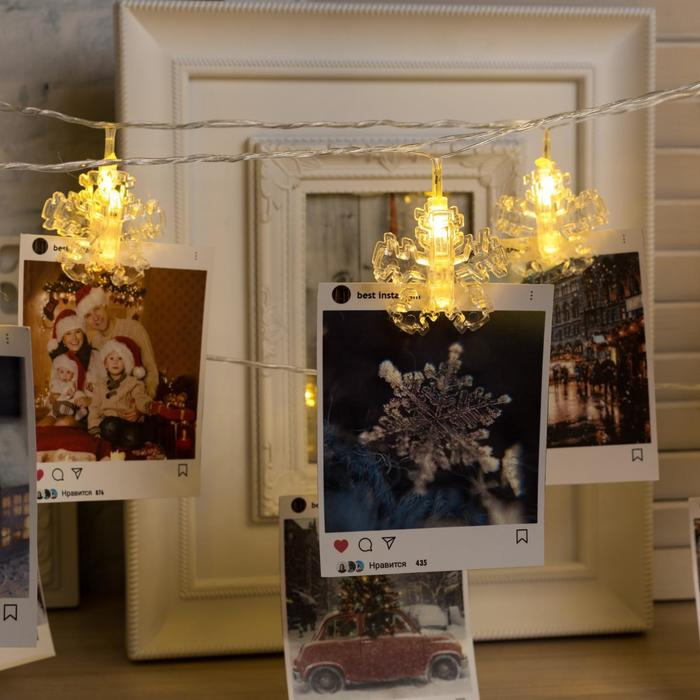 Гирлянда &laquo;Нить&raquo; 4.5 м с насадками &laquo;Прищепки-снежинки&raquo;, IP20, прозрачная нить, 20 LED, свечение тёплое белое, 220 В