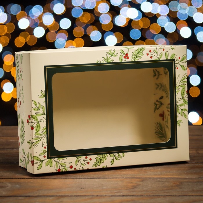 Новый год. Коробка подарочная новогодняя складная, крышка-дно, с окном Новый год. Коробка подарочная новогодняя складная, крышка-дно, с окном "Гроздья рябины" 24 х 17 х 8 см