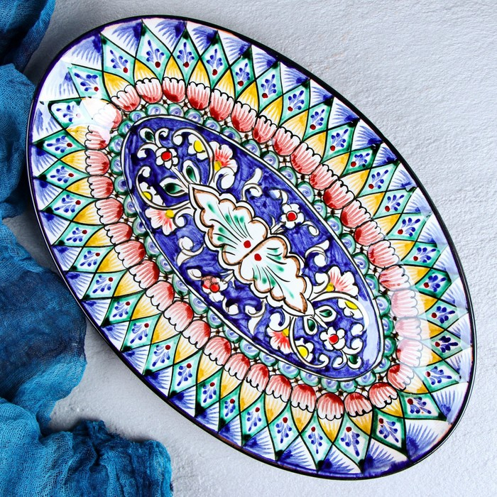 Селедочница Риштанская Керамика Селедочница Риштанская Керамика "Узоры", 34 см, разноцветное, овальное