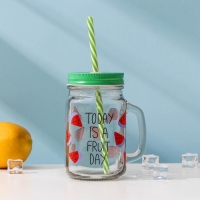 Банка стеклянная с крышкой и трубочкой Доляна «Счастливый день», 450 мл, 10,5×7,5×13 см, цвет МИКС Банка стеклянная с крышкой и трубочкой Доляна «Счастливый день», 450 мл, 10,5×7,5×13 см, цвет МИКС