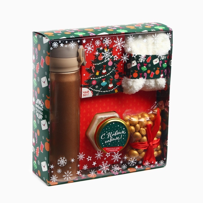 Подарочный набор &laquo;Веселья в новом году&raquo;: чай со вкусом лесных ягод 50 г., крем-мед хлопковый 120 г., арахис в шоколадной глазури, 100 г., носки р-р: 36&ndash;39, термос 500 мл.