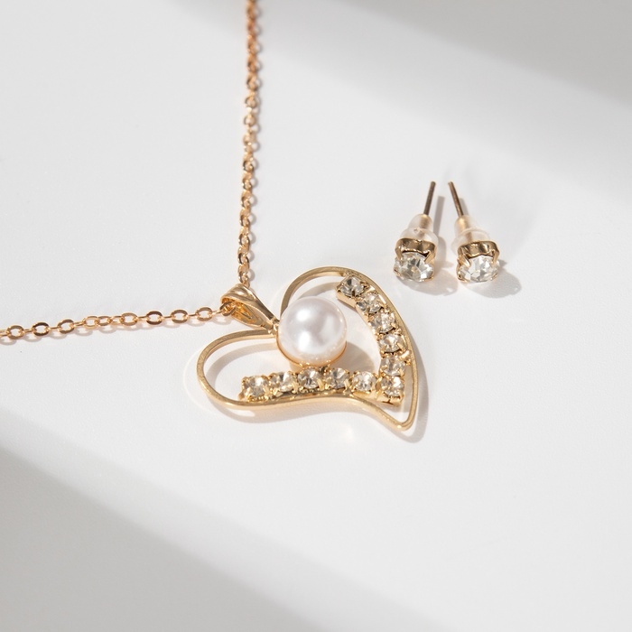 Гарнитур 2 предмета: кулон, серьги &laquo;Невесомость&raquo;, сердечко, цвет белый в золоте, 45см