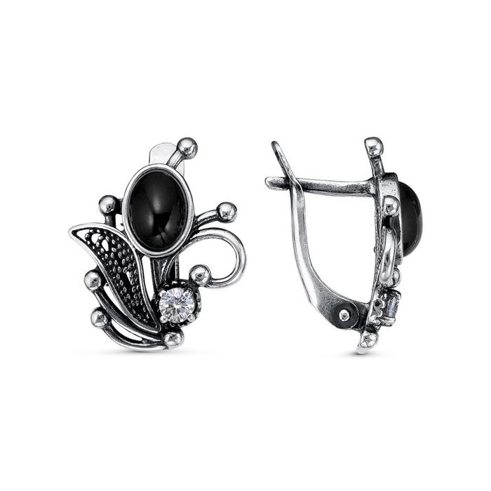 Серьги «Агат чёрный» вишня, посеребрение с оксидированием Серьги «Агат чёрный» вишня, посеребрение с оксидированием