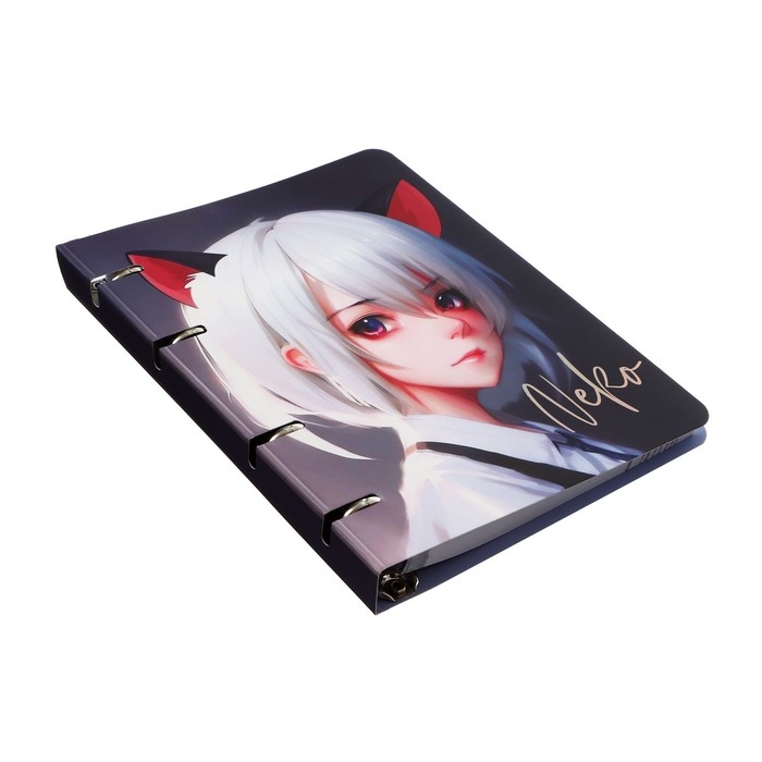 Тетрадь на кольцах А5, 100 листов в клетку Meshu Neko, обложка мелованный картон, матовая ламинация, тиснение фольгой