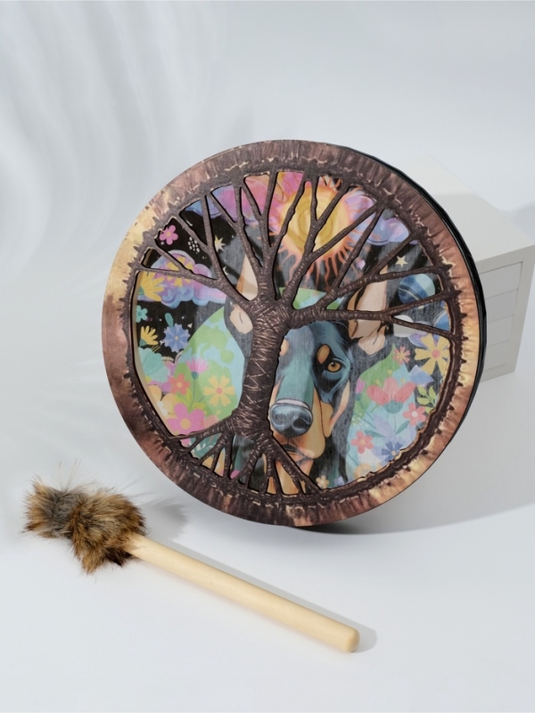 Шаманский бубен Шаманский бубен "Доберман в цветах" с колотушкой 5х25х25 см