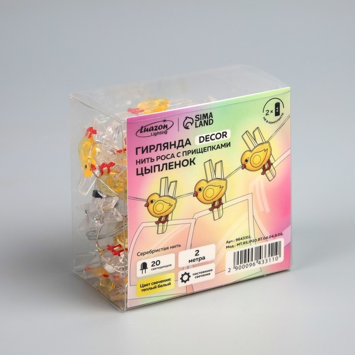 Гирлянда &laquo;Нить&raquo; 2 м роса с насадками &laquo;Прищепки-цыплёнок&raquo;, IP20, серебристая нить, 20 LED, батарейки ААх2 (нет в комплекте), свечение тёплое белое