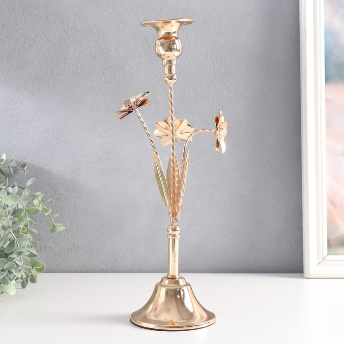Подсвечник металл на 1 свечу "Три цветка" d-2,5 см золото 10х10х33 см