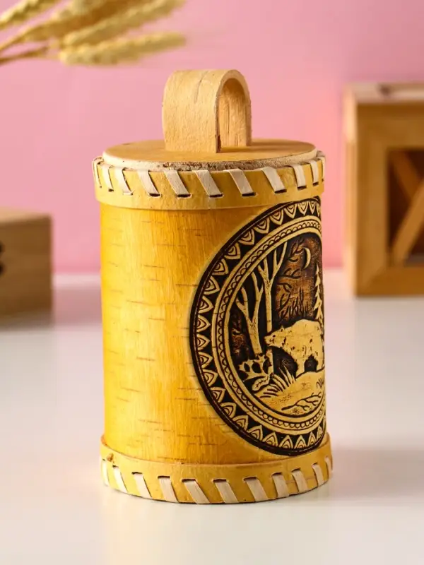 Туес "Лесной" (Медведь), D8,5 смхH(с хватком)14,5 см, береста