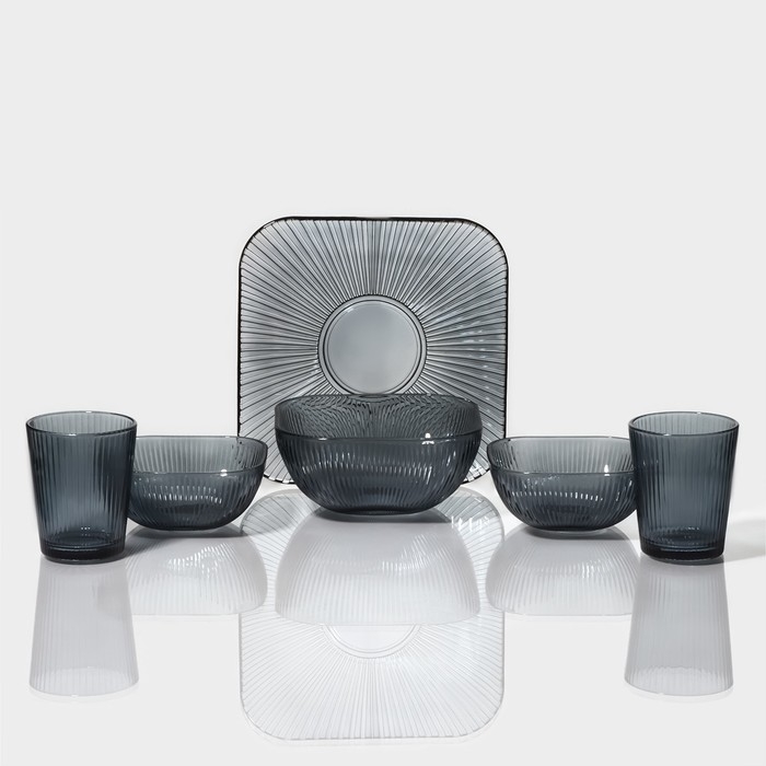 Набор стеклянной посуды &laquo;Мави&raquo;, 6 предметов: 2 миски 350 мл, 2 стакана 250 мл, салатник 800 мл, тарелка d=20,8 см, цвет серый