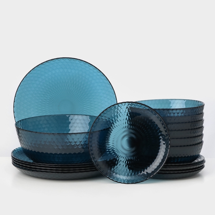 Набор столовый стеклянный &laquo;Идиллия&raquo;, 19 предметов: 6 тарелок d=25 см, 6 тарелок d=19 см, 6 тарелок d=18 см, салатник d=23 см, цвет лондон топаз