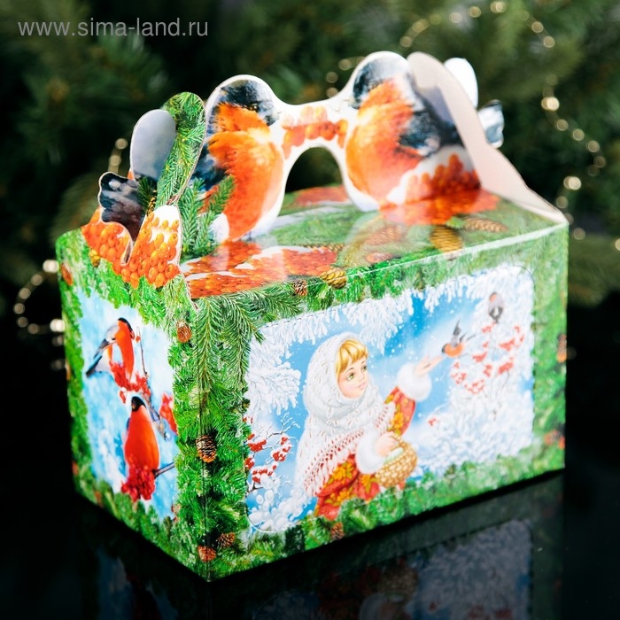 Коробка подарочная"Кормушка снегири", с окном, 20.5 х 12.3 х 22 см.