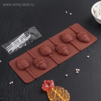 Форма для леденцов Доляна &laquo;Пасхальный кролик&raquo;, силикон, 26&times;10&times;1 см, 6 ячеек, с палочками, цвет коричневый