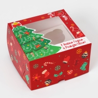Коробка под 4 капкейка с окном "Праздничная ель", 16 х 16 х 10 см