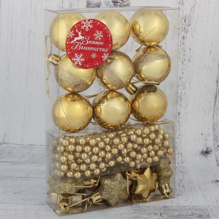 Набор украшений пластик 18 шт Набор украшений пластик 18 шт "Звёздная ночь" (9 шаров, 8 звёзд, бусы) золото