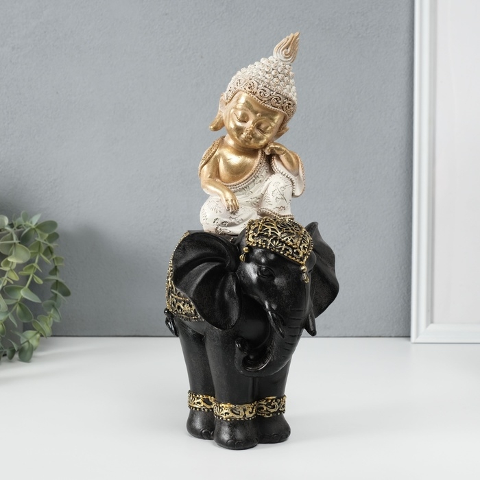 Сувенир полистоун "Маленький Будда на чёрном слоне" 14х14х30 см