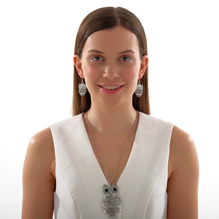Гарнитур ассорти: серьги, кулон &laquo;Сова&raquo;, цвет чернёное серебро, 60 см