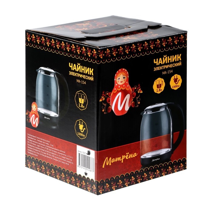 Чайник электрический Чайник электрический "Матрёна" MA-154, стекло, 1.8 л, 1500 Вт, чёрный