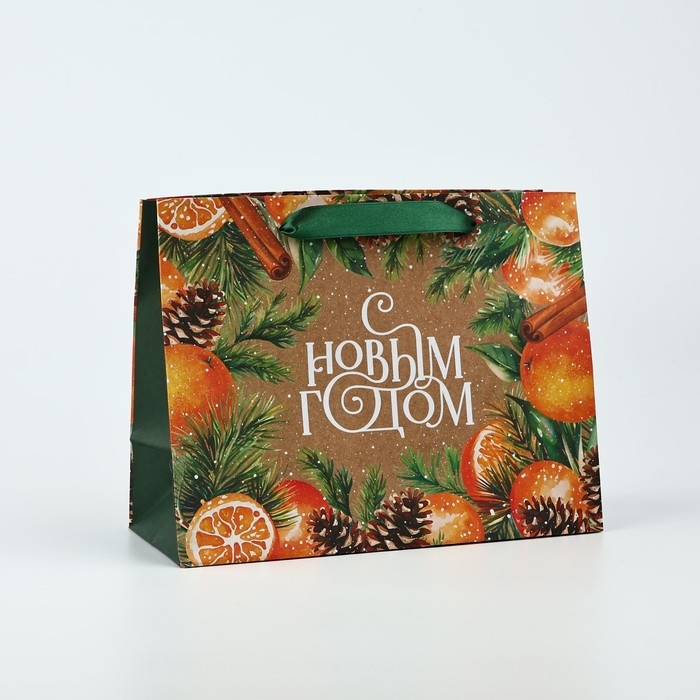 Пакет подарочный новогодний крафтовый вертикальный &laquo;С Новым годом&raquo;, мандарины, MS 18 х 23 х 10 см , Новый год