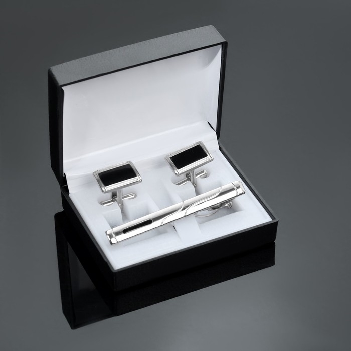 Набор мужской «Запонки + Зажим для галстука» прямоугольник с эмалью, цвет чёрно-серебристый Набор мужской «Запонки + Зажим для галстука» прямоугольник с эмалью, цвет чёрно-серебристый