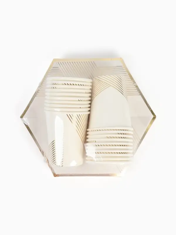 Набор посуды для праздника на 20 персон, белый с золотом (тарелки 23 см, стакан 250 мл)