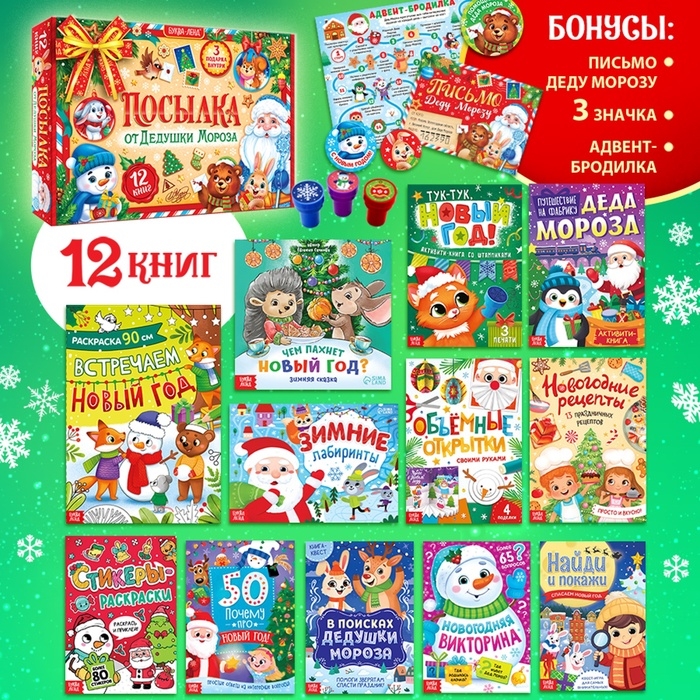Подарок на Новый год для детей &laquo;Посылка от Дедушки Мороза&raquo;, большой новогодний подарочный набор книг 12 шт., письмо деду морозу, адвент - бродилка, значки