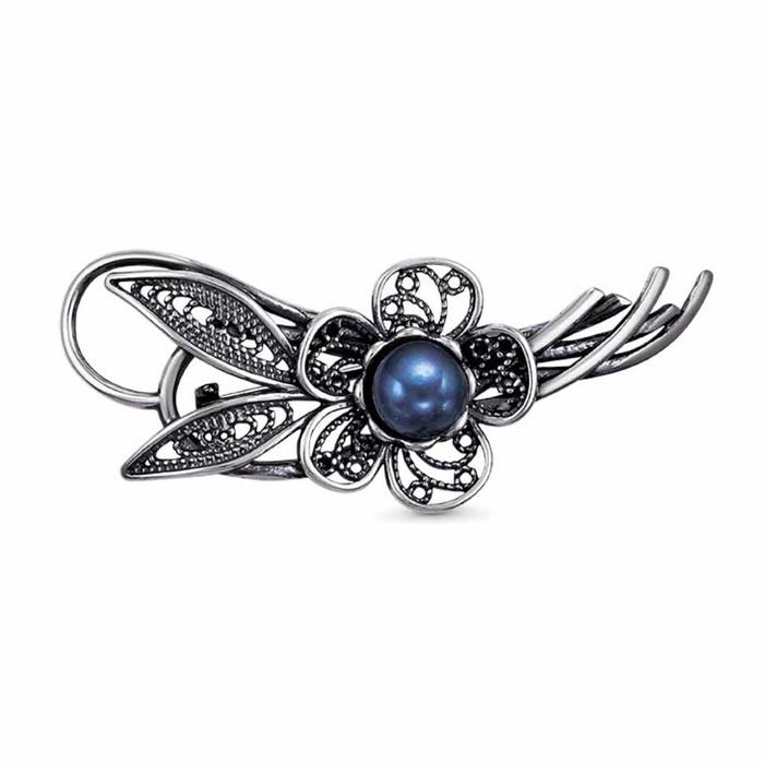 Брошь &laquo;Жемчужный цветок&raquo;, посеребрение с оксидированием, цвет синий