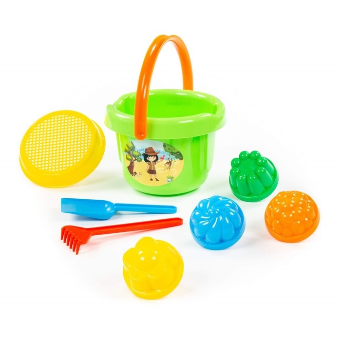 Набор для игры в песке №10: ведро большое, ситечко, лопатка, грабельки, 4 формочки
