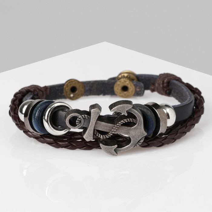Браслет унисекс &laquo;Стиль&raquo; якорь, три нити, цвет чёрно-коричневый с серебром, 22 см
