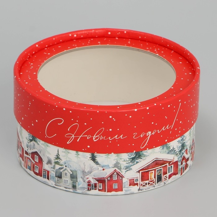 Коробка для макарун тубус с окном «Зимний город», 12 х 12 х 5 см, Новый год Коробка для макарун тубус с окном «Зимний город», 12 х 12 х 5 см, Новый год