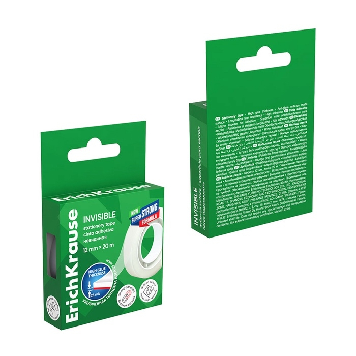 Клейкая лента канцелярская, 12 мм х 20 метра, ErichKrause Invisible, матовая, незаметная, в коробке, с европодвесом