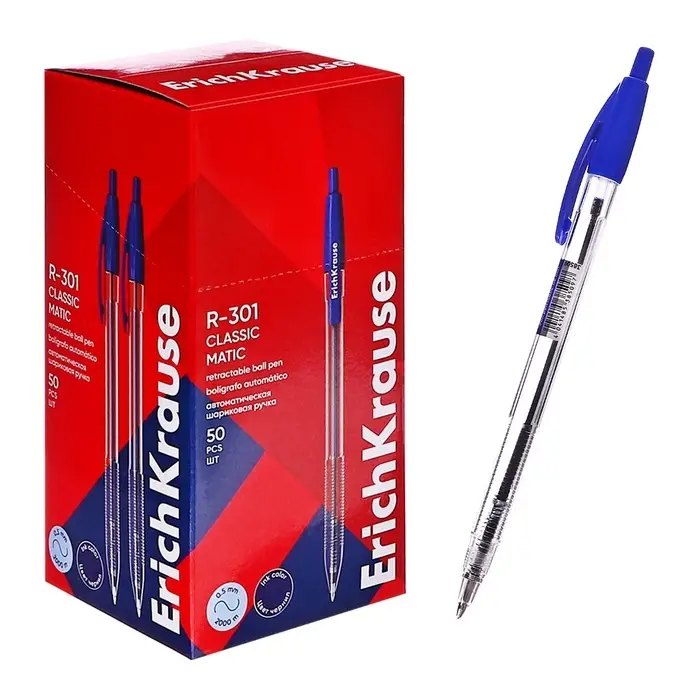 Ручка шариковая автоматическая ErichKrause R-301 MATIC, узел 1.0 мм, цвет чернил синий, длина непрерывной линии письма 2000 метров